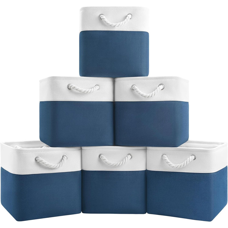 6-pack White & Blue Fabric Cube Storage Bins With Rope Handles