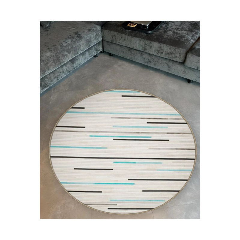 Beige Blue Black Line Detailed Woven Base Modern Decorative Carpet, Round 2'8"