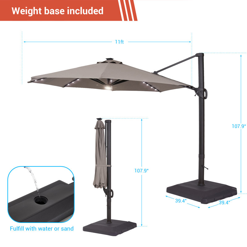 Abat-jour luxueux: parasol en porte-à-faux à DEL de 11 pi avec tissu teint dans la masse, cadre en aluminium et rotation à 360 °