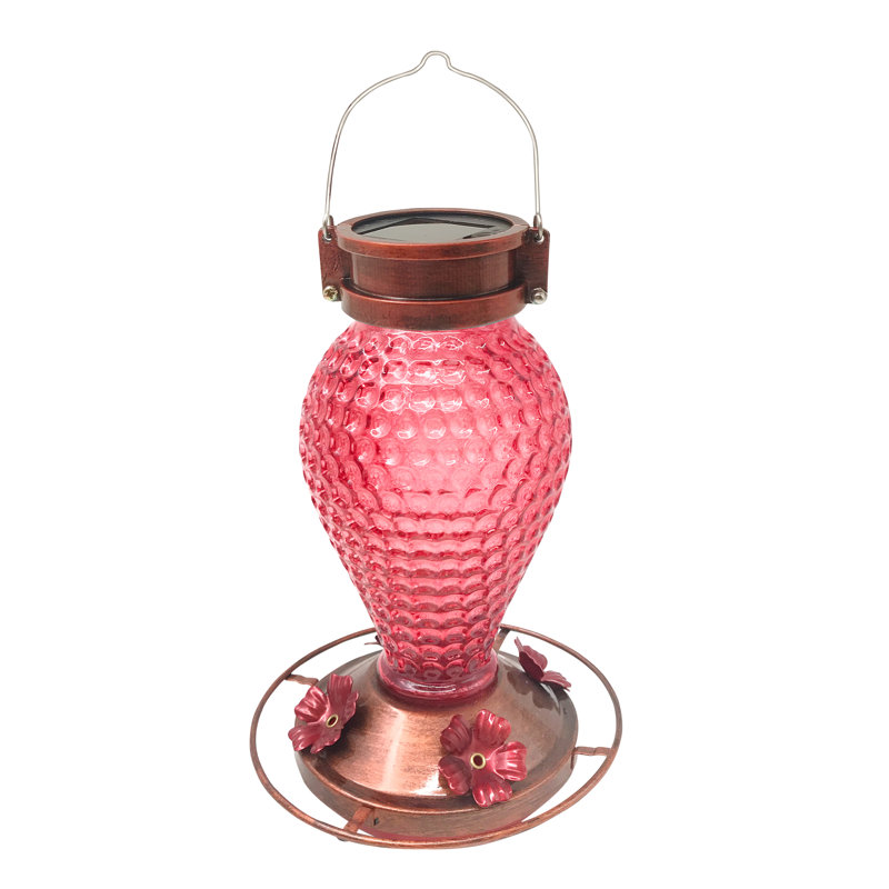 Solar Red Glass and Copper Hanging Hummingbird Feeder