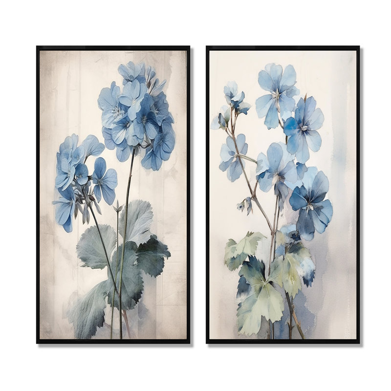 Ensemble de 2 décorations murales bleues et géraniums bleues et blanches, H 40 po x l 41 po, Cadre noir