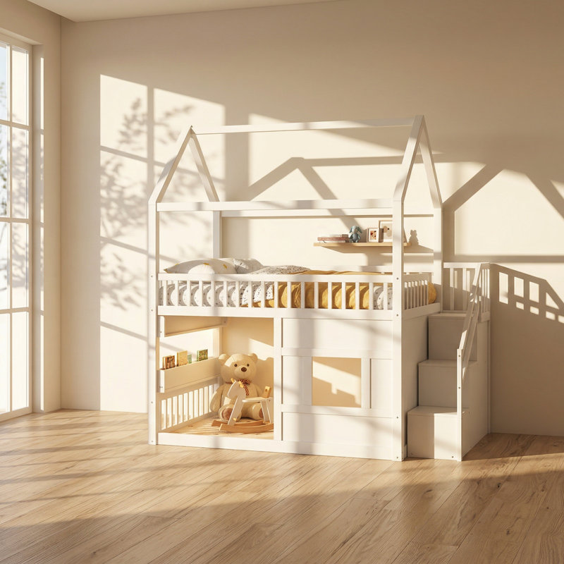 Lit double à tablette en bois massif Aaden l 57,4 po x P 94,2 po x H 97,8 po