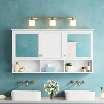 Armoire à miroir de 140 cm (55 pouces) avec 3 portes, fixée au mur, étagères ouvertes, tablette réglable, blanche, design moderne, construction en bois massif, pour salle de bain et salon, miroir médical, rangement