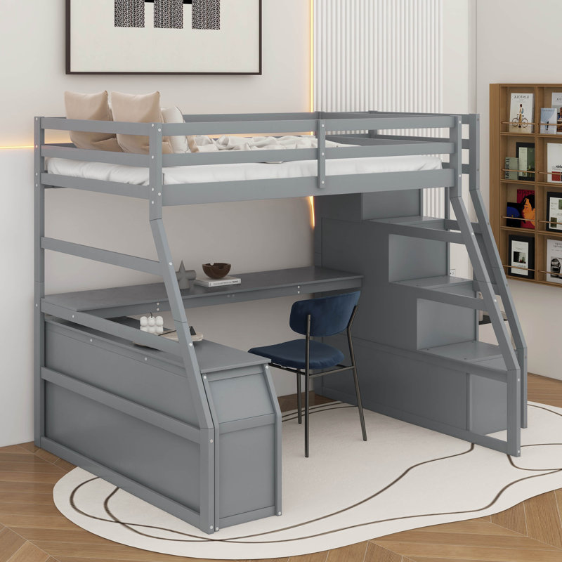 Lit mezzanine double avec 7 tiroirs et bureau, Gris