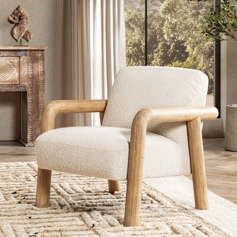 Reyna Upholstered Fabric Accent Chair, Natural Wood, Sand