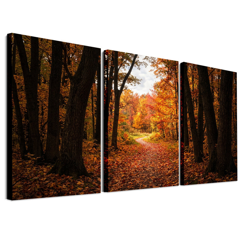 Ensemble de 3 toiles murales « Chemin à travers la forêt avec des feuilles d'automne orangées », 24"H x 16"W x 3pcs