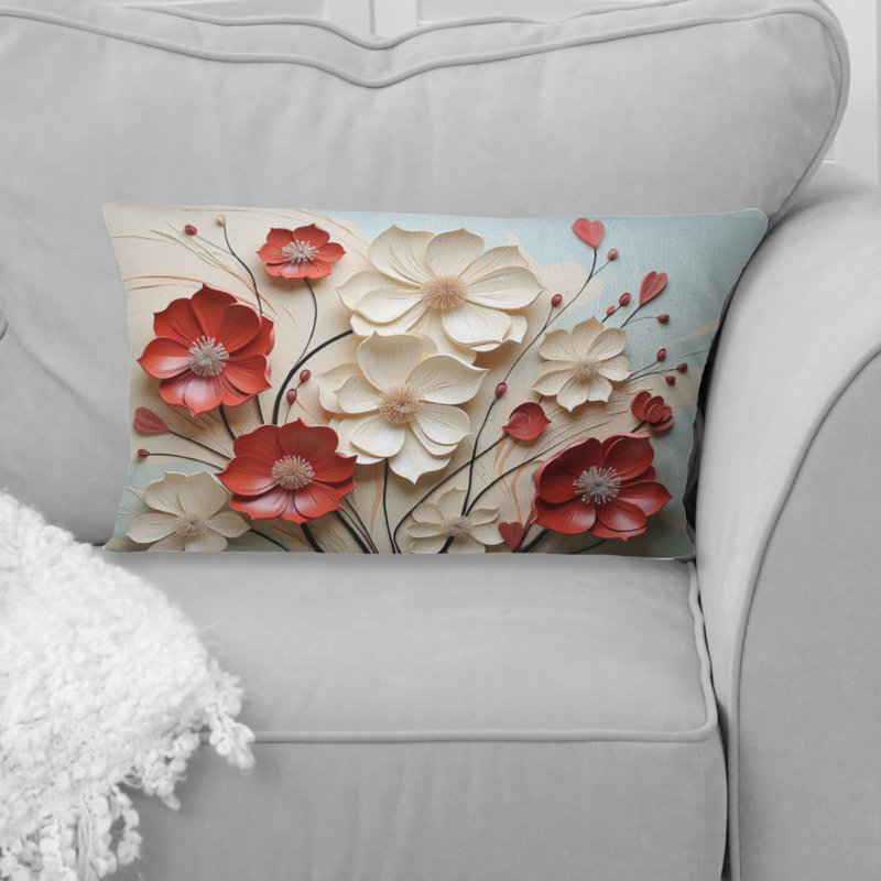 Rouge et blanc Cramoisi fleur E Embrace - Coussin imprimé fleuri, Rectangle H 12 po x l 20 po