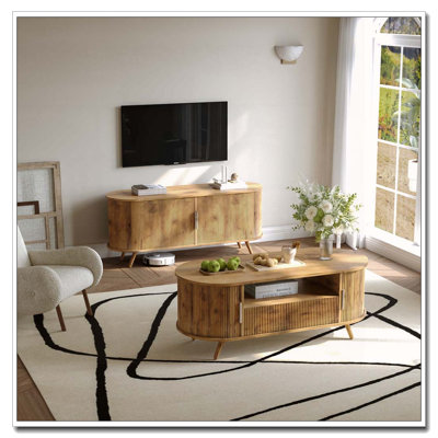Mid-Century Oval Coffee Table with Storage Drawer and Sliding Doors