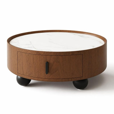 Table basse ronde en marbre avec tiroir de rangement dissimulé, poignée et pieds boule, table d'appoint moderne du milieu du siècle pour salon et chambre