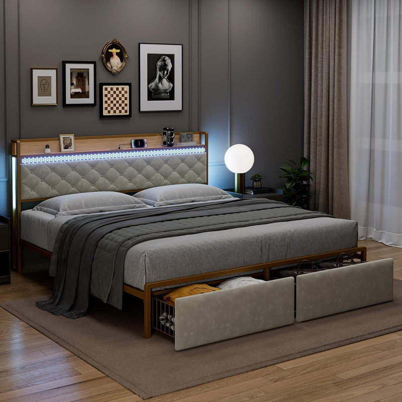Axyl Bed Frame with 2 Storage Drawers, LED Bed Frame with 2-Tier Storage Headboard&Charging Station, Metal Platform Bed Frame, No Box Spring Needed