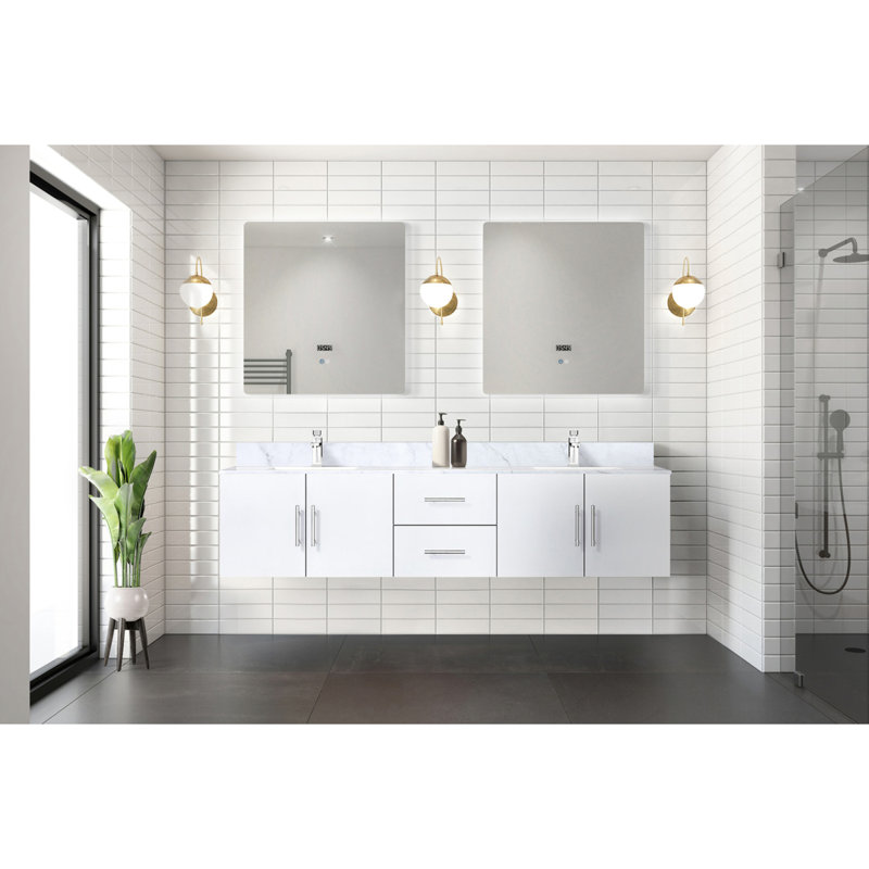 Meuble-lavabo double blanc lustré l 80 po x P 22 po, comptoir en marbre de Carrare et miroir à DEL 30 po