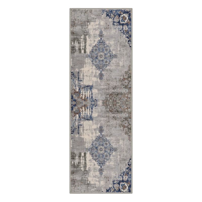 Combs Vesper Modern Abstract Distressed Medallion Machine Washable Blue/Grey Indoor Area Rug with Non-Slip Backing