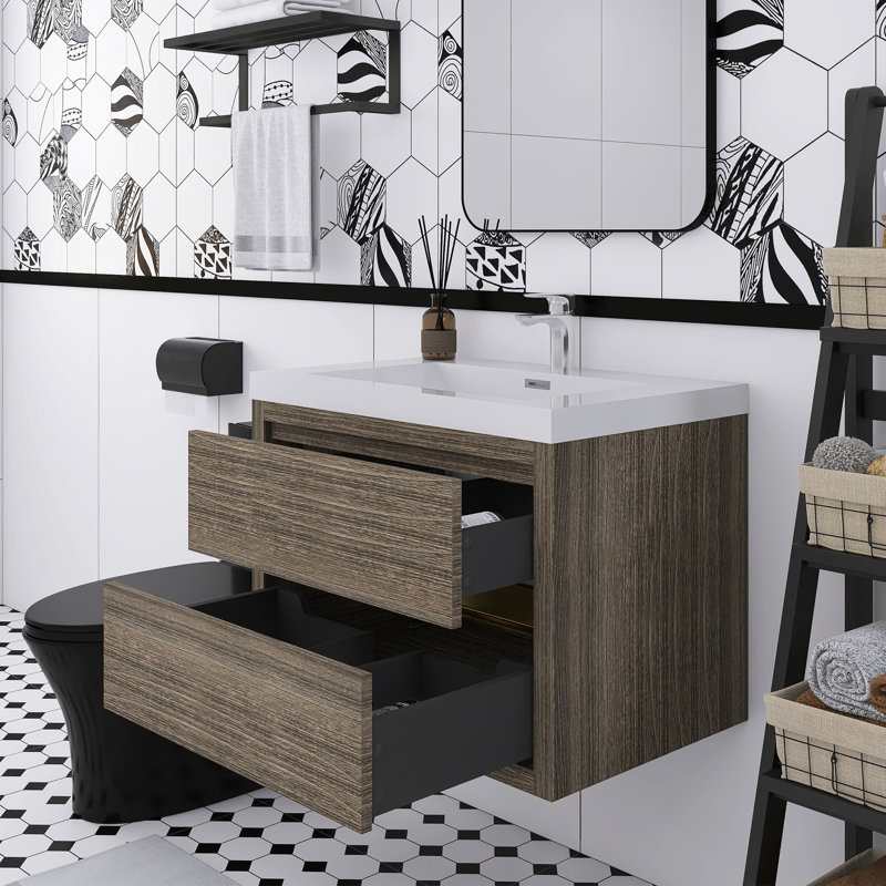 Meuble-lavabo mural blanc brillant avec comptoir en résine de pierre et tiroirs à fermeture en douceur, Gris, 30"
