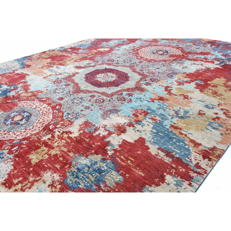 Tapis bleu marine et rouge de haute qualité noué à la main