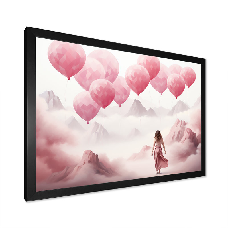 «Rose and White Air Balloon Solitude III - Abstract Landscape Art mural», Cadre d'angle fermé noir