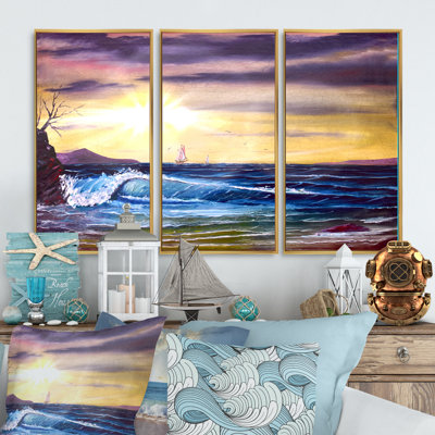 " Water Sea Sky Sunset Beauty In Nature Waves " 3 - Pieces Painting Print