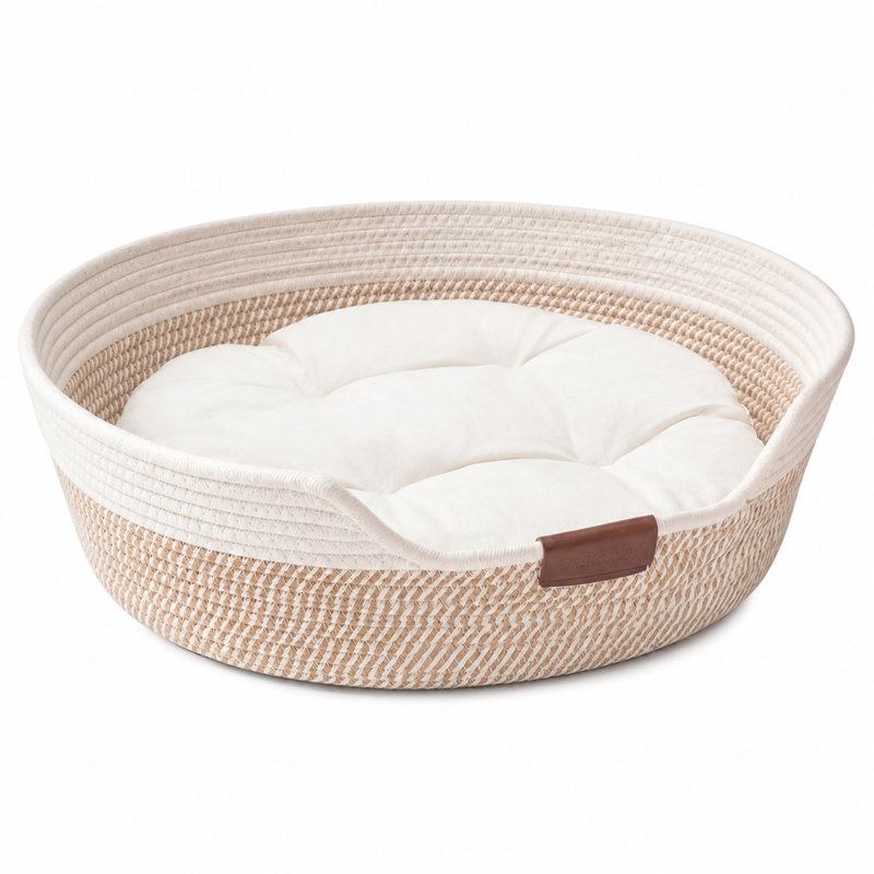 Panier de lit pour chat tissé à la main avec coussin amovible, lit en corde de coton pour animaux de compagnie et petits chiens