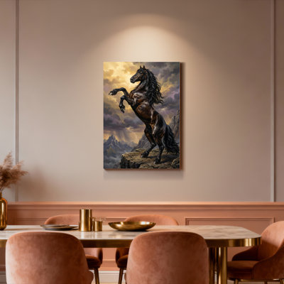 Cheval noir debout sur une falaise, reproduction d'art sur toile tendue sur toile, ensemble de 1