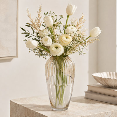 Vertical Ribbed Amber Tapered Glass Vase, 5.9"Dia 11.8"H, Sleek Taper Shape, Tabletop Floral Ornament