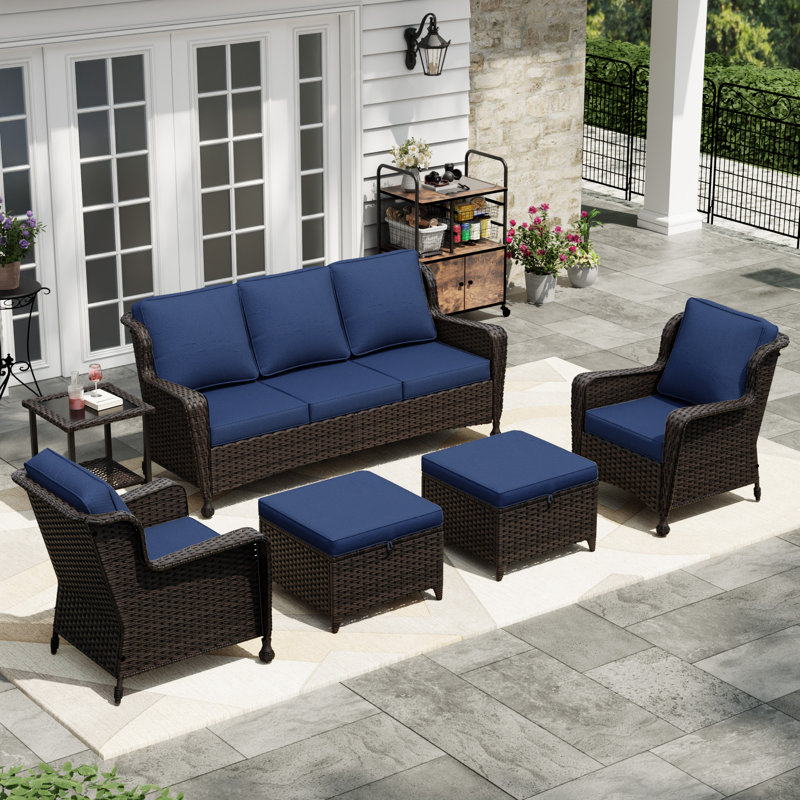 5-Person Patio PE Wicker Furniture Set with Side Table, 3-Seat Sofa, 2 Armchairs and 2 Ottomans with Blue Cushions, Blue