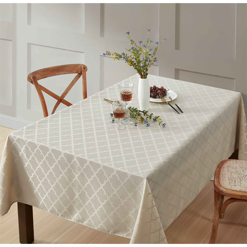 Sarok Rectangle Geometric Jacquard Tablecloth, Beige, 120" L x 60" W