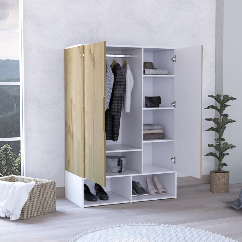 Armoire Orville Rosie, deux tablettes ouvertes, double porte, cinq tablettes, tringle, Chêne pâle / blanc