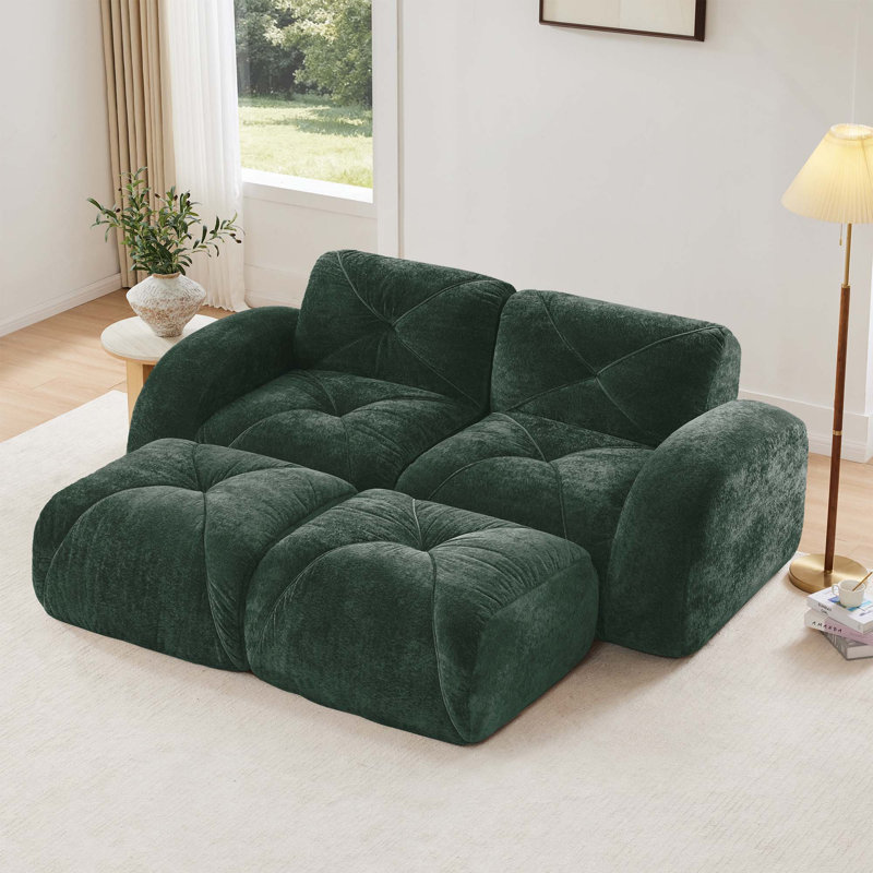 Canapé à 2 places en tissu de velours doux et ergonomique sans os avec capitonnage 32D haute densité et 2 repose-pieds, aucun assemblage requis