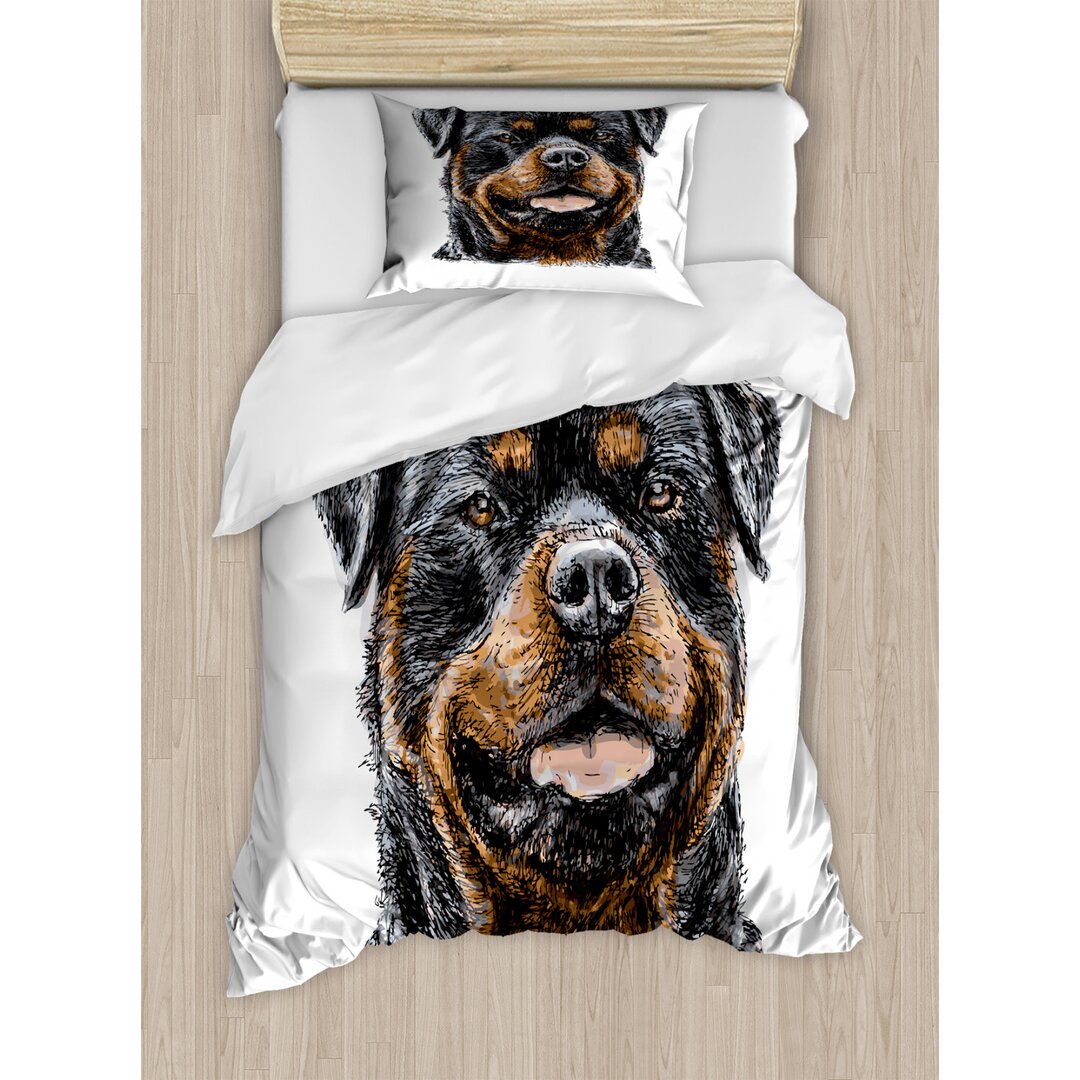 Bettbezug Set, Hand gezeichnetes Bild von Hund, Rottweiler, Dunkelgrau Braun