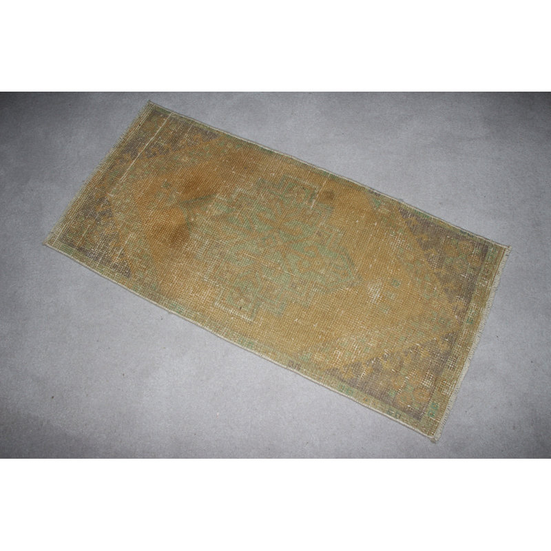 Handmade Antique Small Muted Oushak Rug in Yellow for a Colorful Kitchen Entry and Door Mat Decoration from Turkey