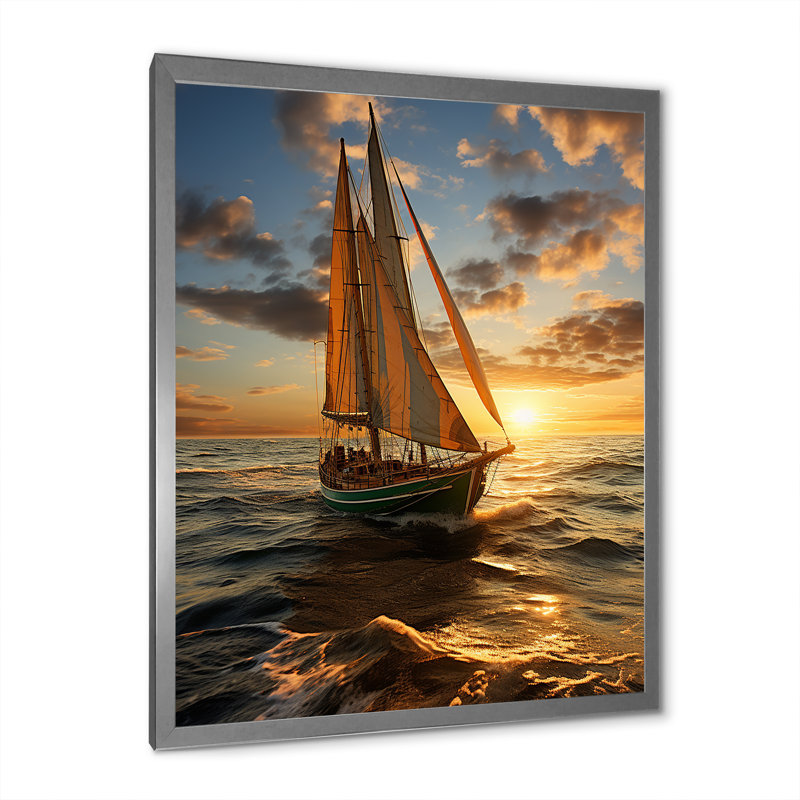 Voilier au coucher du soleil II sur toile, H 20 po x l 12 po x P 1 po, Cadre photo argenté