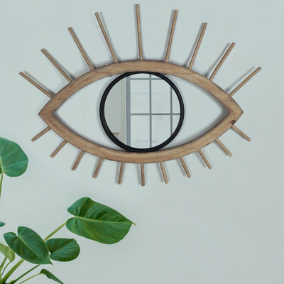 Miroir mural en bois tissé avec accents métalliques en forme de œil 22 x 1 x 18 brun style boho pour la chambre à coucher ou le salon