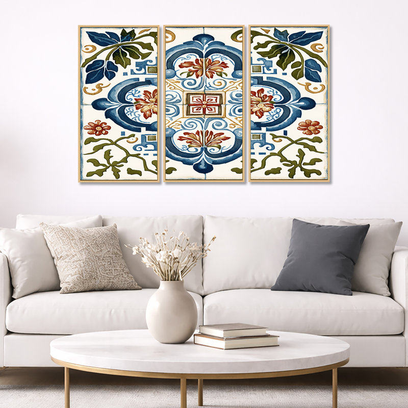 «Mediterranean Tiles in Retro Blue I», reproduction sur toile 3 pièces, Toile avec cadre naturel, H 20 po x l 36 po x P 1 po