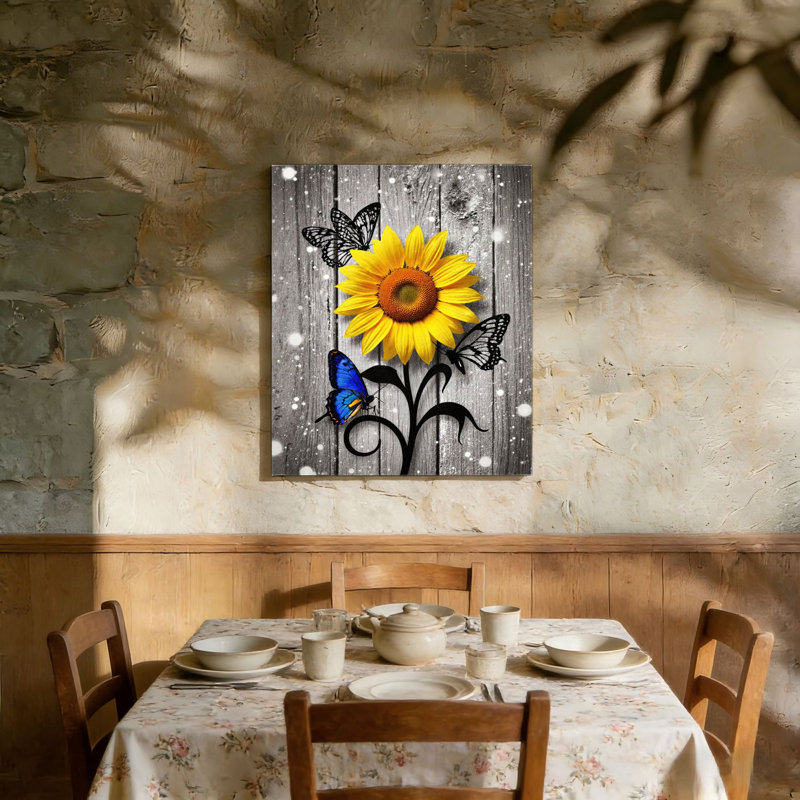 Tournesol avec papillons, cadre en bois à l'arrière intégré, art mural, 36 L x 24 W