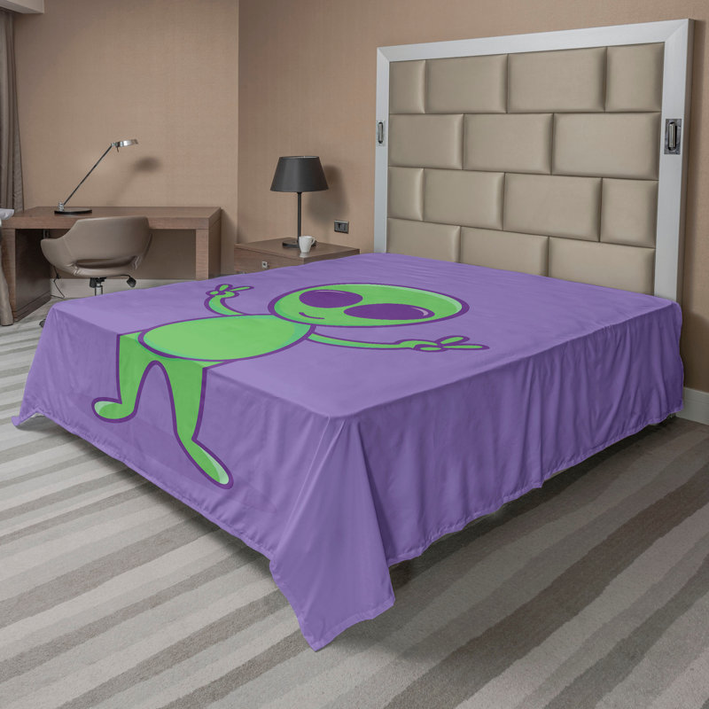 «Ambesonne Alien Top», drap plat amusant, personnage de paix, violet et vert mer, Drap plat de taille double