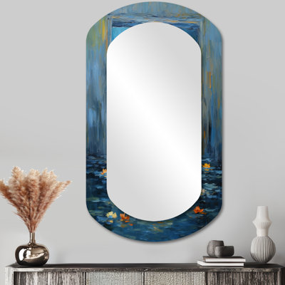 Abstract Bathing Duckling  - Toilet Cylinder Mirror, Blue Asymmetrical Decorative Wall Mirror, Printed Metal Art