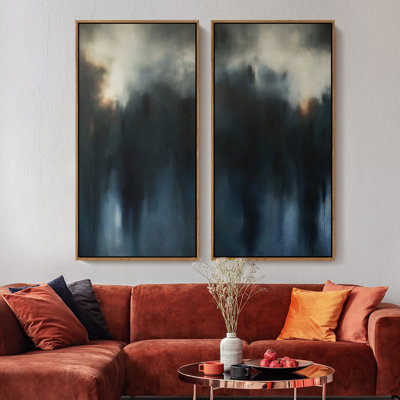 Moody Deep Blue Abstract Misty Landscape – Set of 2 Framed Wall Art Print on Canvas 60"x20"x2pcs, 60"x30"x2pcs