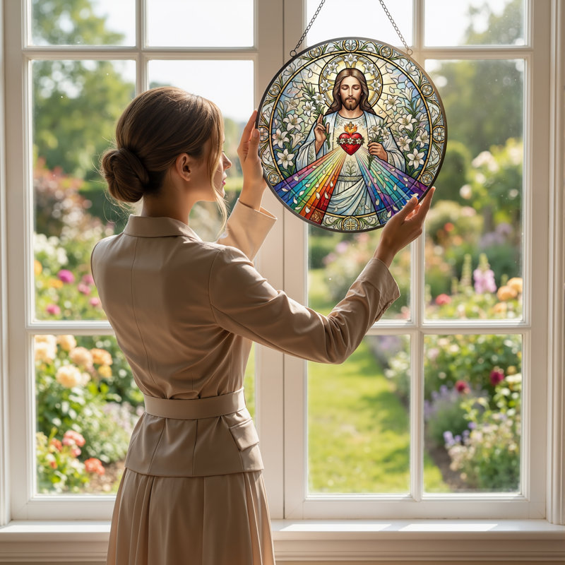 Panneau de vitrail Sacred Heart, H 12 po, H 12 po