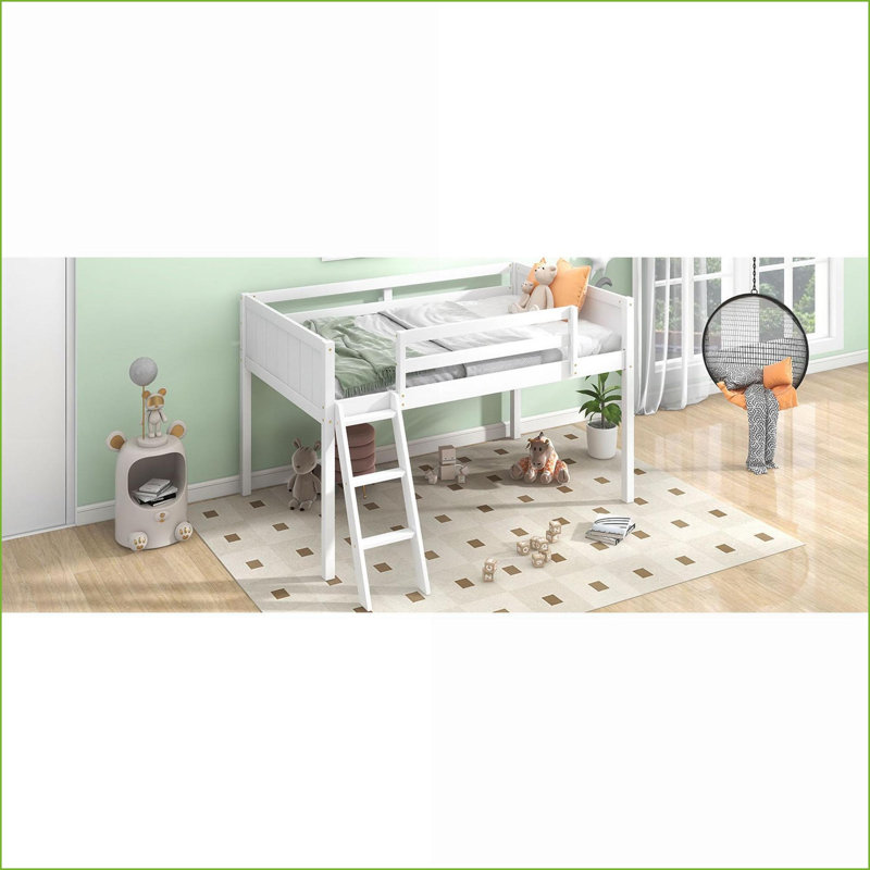 Twin Size Pine Wood Low Loft Bed with Convertible Ladder - No Box Spring Required, White for Second Bedroom
