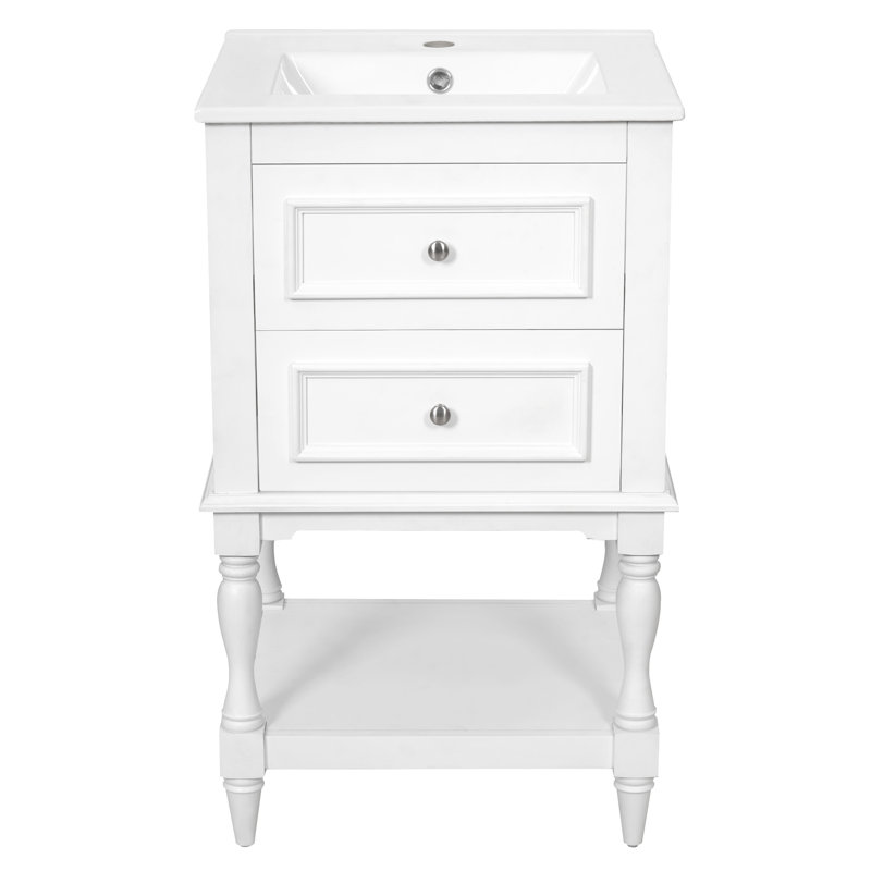Meuble-lavabo de style rétro 20 po avec comptoir en céramique, meuble-lavabo simple avec 1 tiroir rabattable, 1 tiroir en forme de U et tablette de rangement ouverte, pieds en bois massif sculpté (disponible en noir, blanc et abricot)