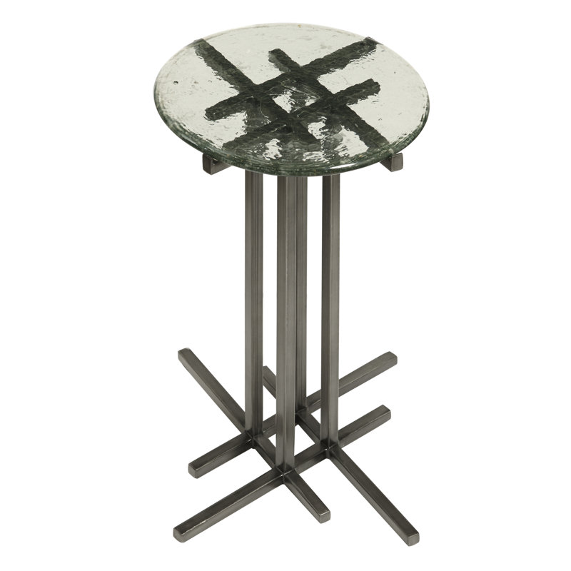 Round Black Glass Top Metal Pedestal Accent Table