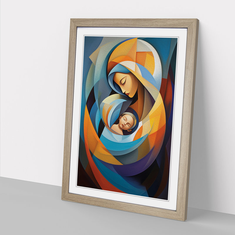 Mother And Baby Abstract - Single Picture Frame Print on Wood, Oak Framed, 64cm H x 46cm W x 2cm D