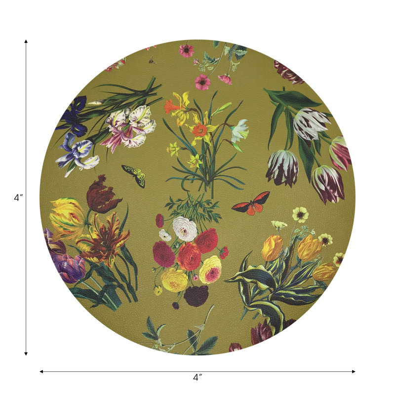 Flora Fauna Black Vegan Leather Round Coasters, Acid