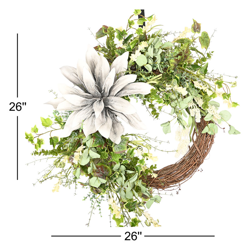 26" Spring Summer Front Door Floral Wreath, Silver/Green