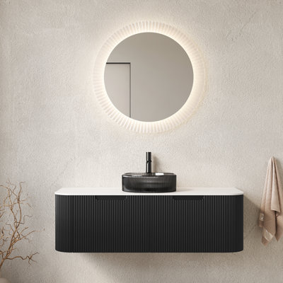 Meuble-lavabo de 122 cm avec lavabo rond en verre noir transparent, armoire suspendue murale avec 2 tiroirs à fermeture amortie, armoire en contreplaqué à rayures 3D, facile à installer et à entretenir, lavabo pré-assemblée.