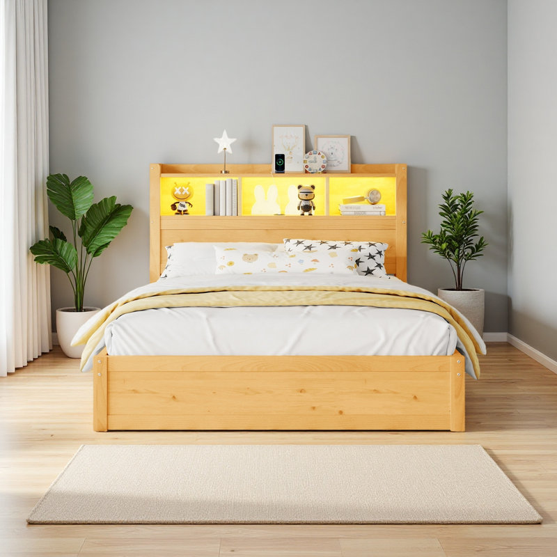 Lit avec tête de lit et armoire de rangement escamotable, lit en bois avec lumière et douille, Naturel, Lit double