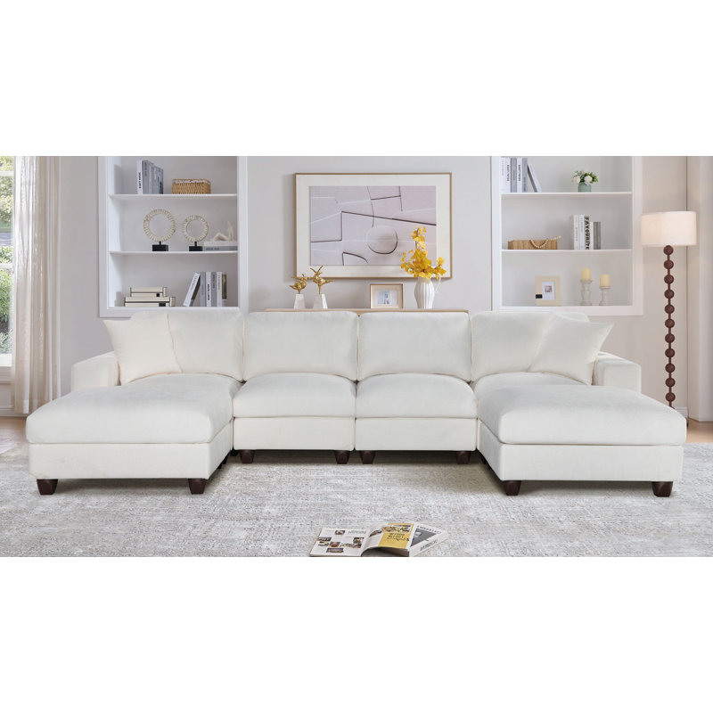 123" Modular Chenille Sectional Sofa With 2 Ottomans And Accent Pillows, White Chenille