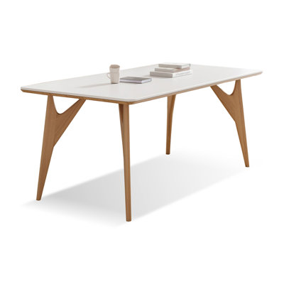 White + Burlywood Rectangular Sintered Stone + Solid Wood Dining Table