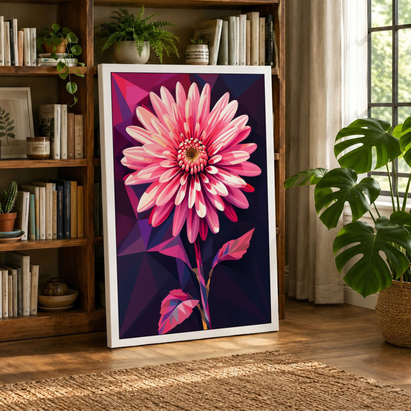 Pink Gerbera Geometric Botanical - Wrapped Canvas, 24x16 - 61.0 x 40.6 cm, Ochre Border
