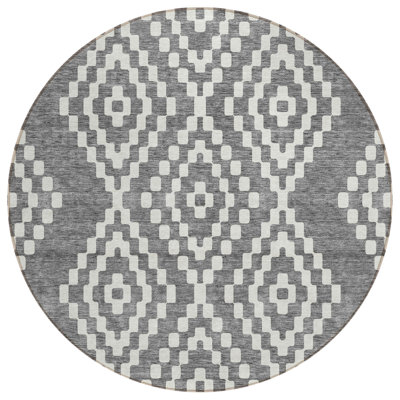 Tapis d'intérieur rond lavable à motif géométrique 8 pi gris et ivoire