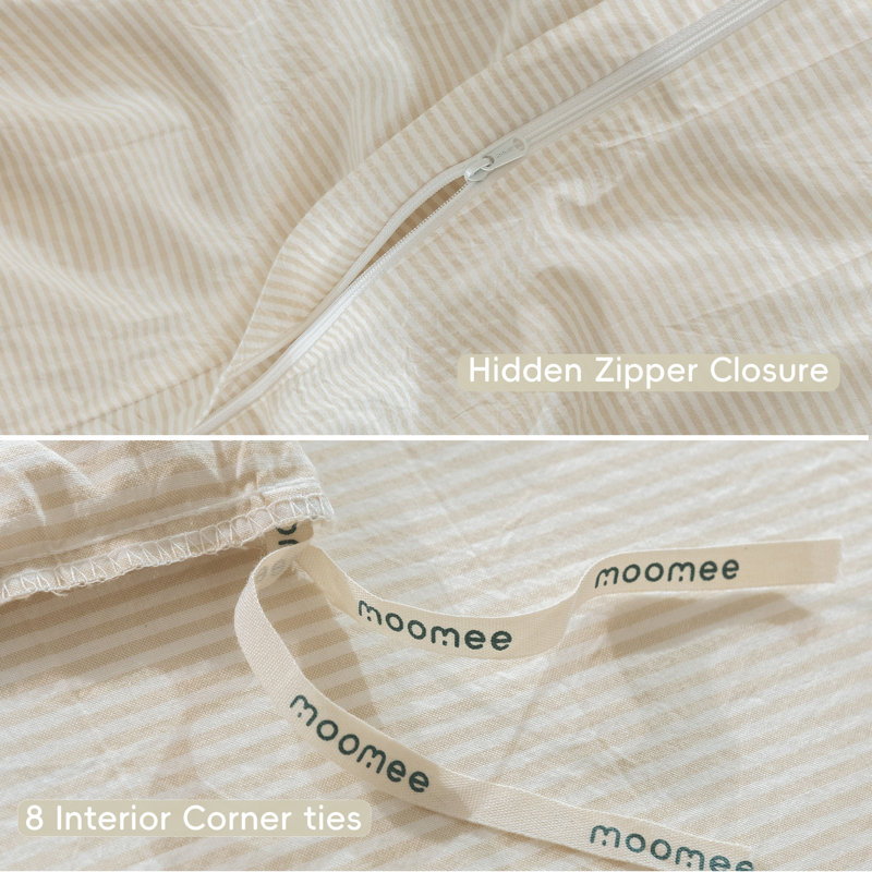 MooMee Striped Duvet Cover Set 100% Washed Cotton Linen Like Textured, Queen Duvet Cover + 2 Standard Pillowcases